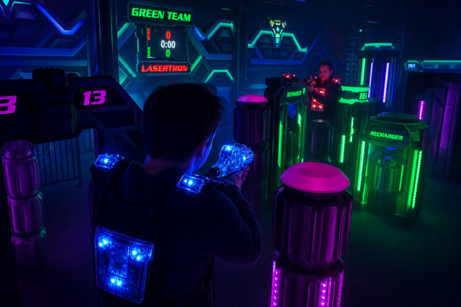 Blue-team player aiming under archway 13 toward a red-team opponent