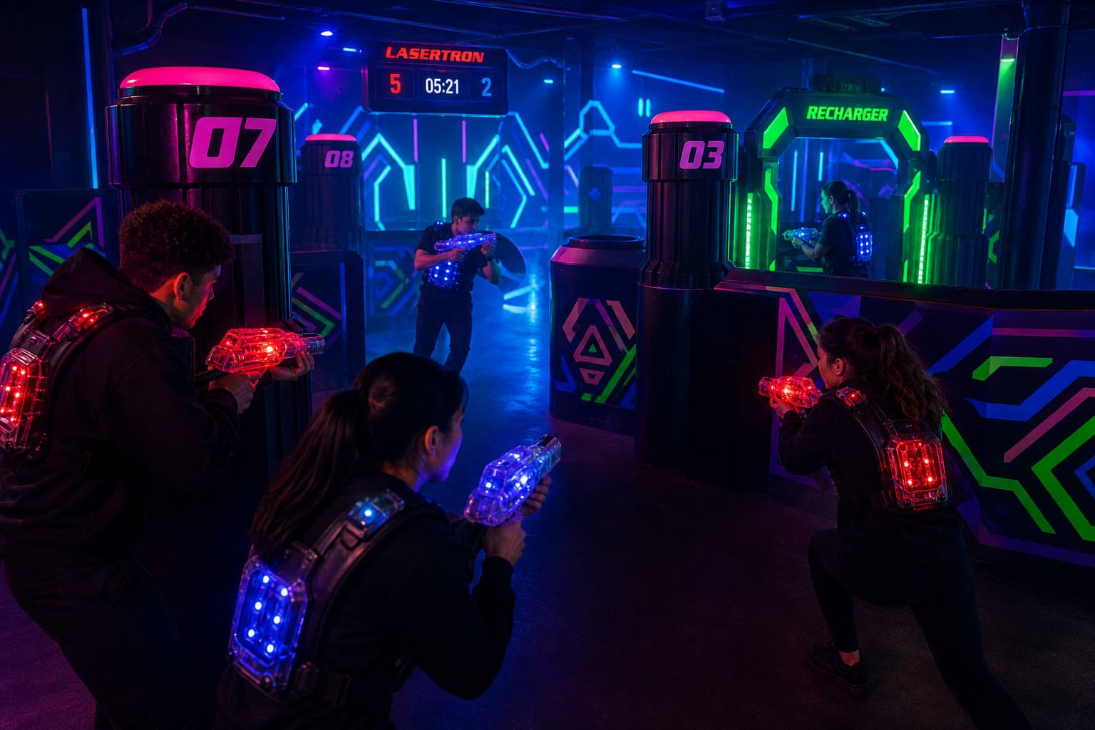 Squads fighting near numbered pillars and a green recharger station