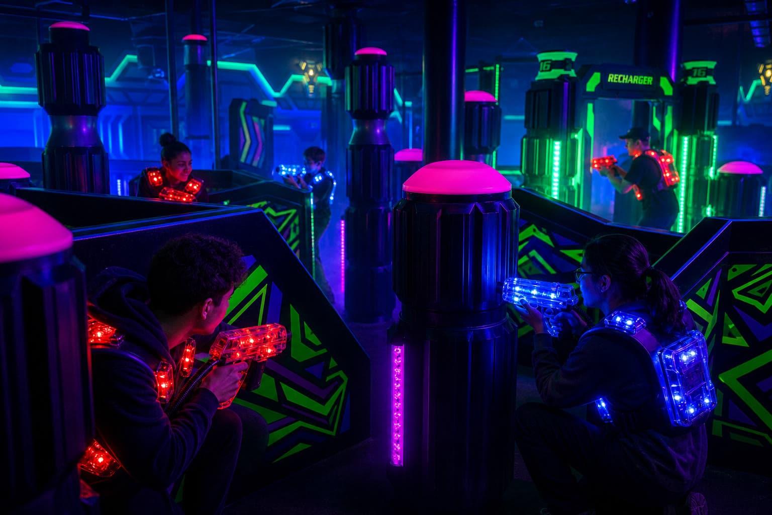 Players battling among neon bunkers and magenta-lit pillars