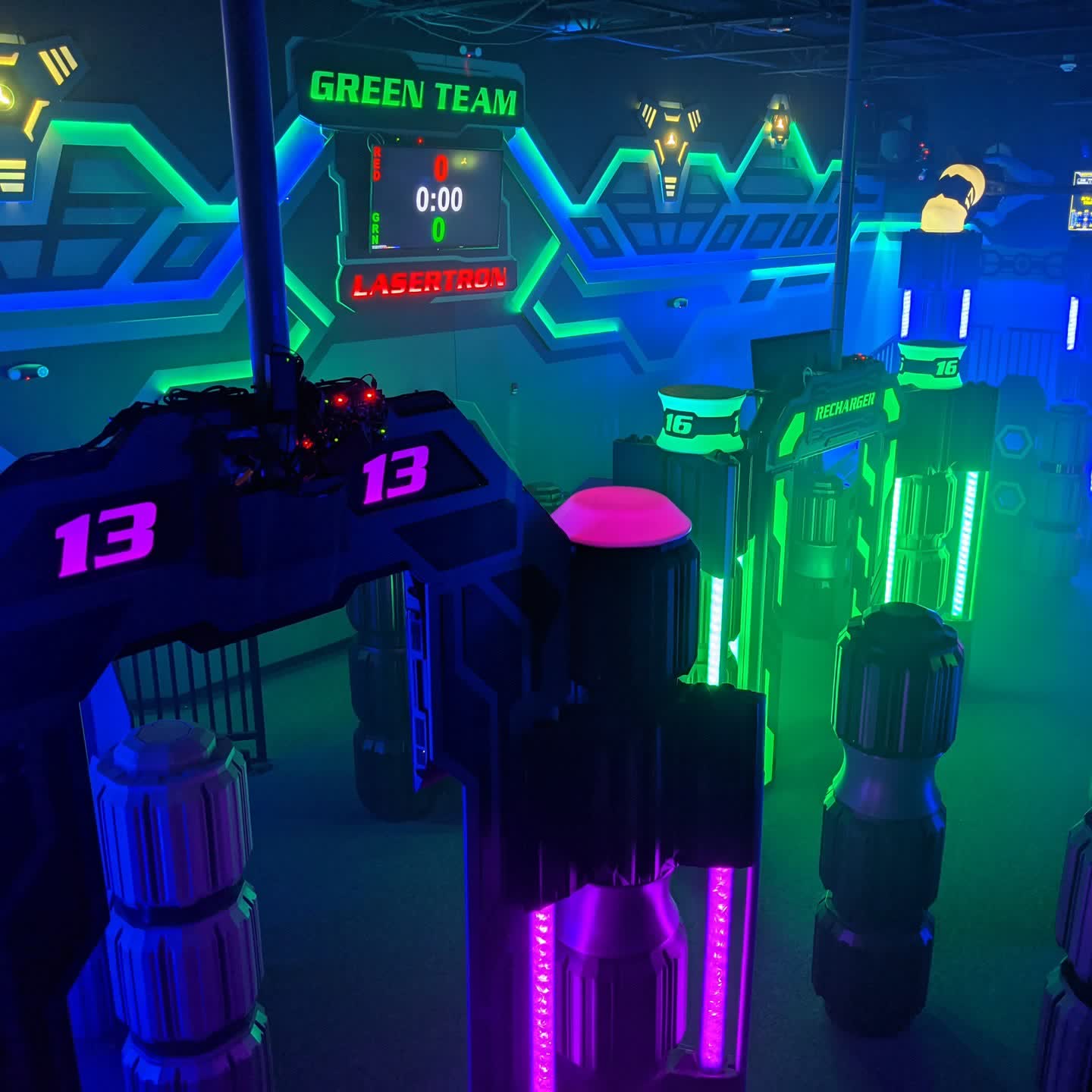 Laserdome laser tag arena lit with neon game zones