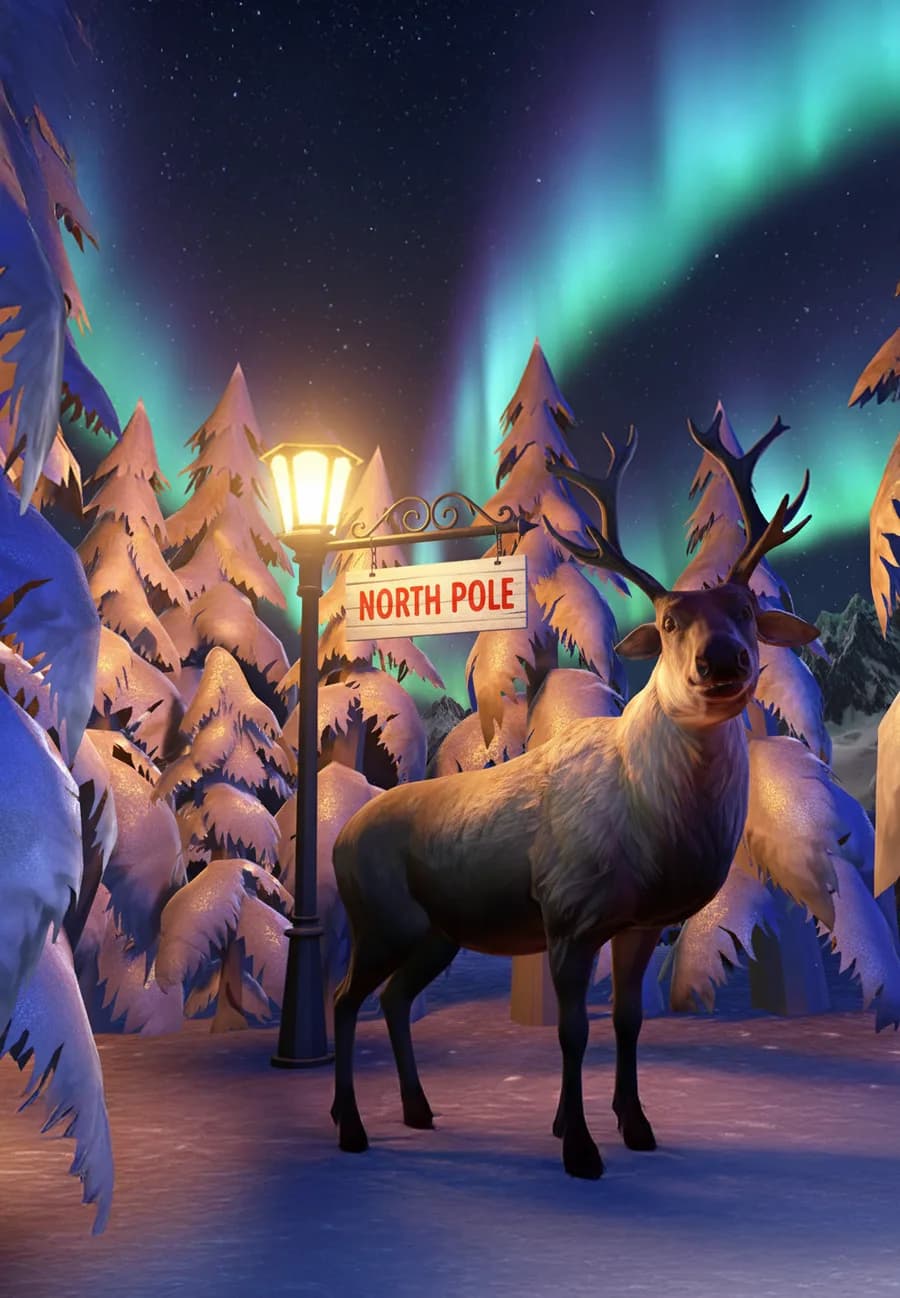 Holographic reindeer under the North Pole sign