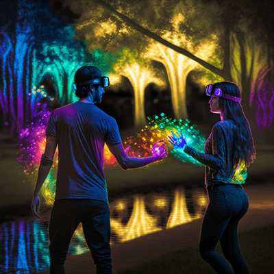 Couple wearing Verse AR headsets and looking around the room