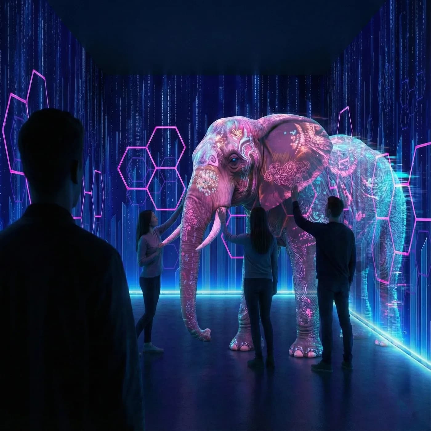 Guests walking around the holographic elephant