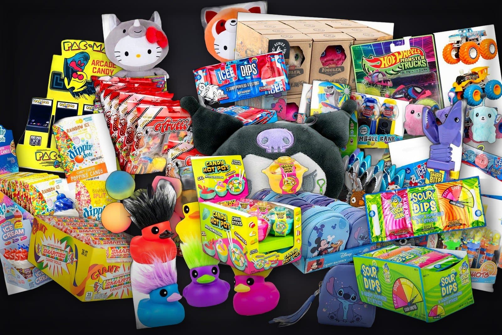 Prizes and candy you can win at Laserdome — plush, Hot Wheels, Pac-Man candy, Dippin' Dots, ICEE treats, and more